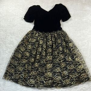 Vintage 80s Expo Nite black velvet and gold lace midi cocktail party dress, 12